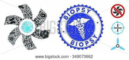 Fever Mosaic Rotor Icon And Round Corroded Stamp Seal With Biopsy Caption And Caduceus Sign. Mosaic 