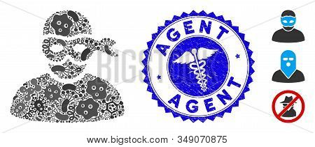 Contagion Mosaic Anonimious Thief Icon And Round Rubber Stamp Seal With Agent Text And Healthcare Ic