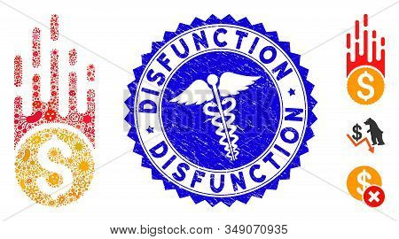 Pandemic Mosaic Rush Falling Dollar Icon And Round Rubber Stamp Seal With Disfunction Phrase And Med