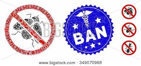 Biohazard Mosaic No Fly Insect Icon And Round Grunge Stamp Watermark With Ban Caption And Doctor Ico