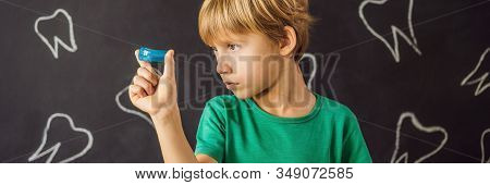Banner, Long Format Six-year Old Boy Shows Myofunctional Trainer. Helps Equalize The Growing Teeth A