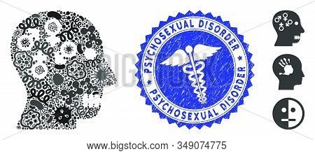 Biohazard Mosaic Psychosexual Disorder Icon And Rounded Grunge Stamp Seal With Psychosexual Disorder