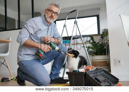 Man at home doing do-it-yourself work with puppy around