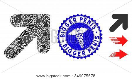 Viral Mosaic Arrow Up Right Icon And Rounded Grunge Stamp Seal With Bigger Penis Text And Medicine S