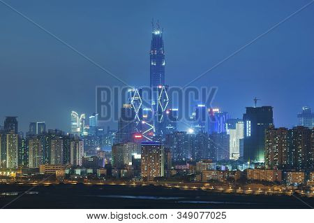 Skyline Of Shenzhen City, China At Night