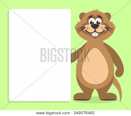 Brown Nutria With White Board On A Green Background. Template For Your Text. Cartoon Character With 