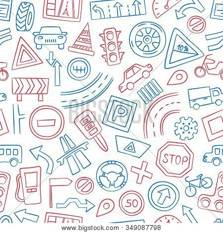 Cars, Road Objects, Traffic Signs And Automobile Symbols. Seamless Pattern In Doodle Style. Vector I