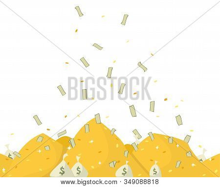 Pile Of Golden Coins And Banknotes. Bags With Money. Money Falling From Sky On Heaps Of Coins. Succe