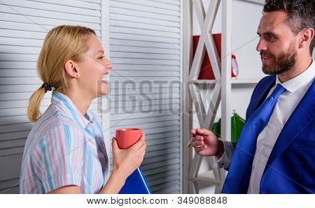 Business Couple. Handsome Man Speaking Cute Woman In Office. Office Life. Ceo And Employee. Business