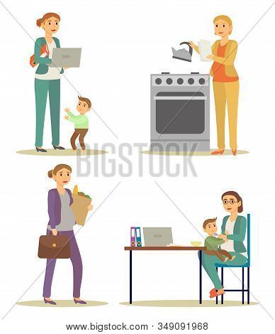 Multitasking Businesswoman Working, Housekeeping And Taking Care Of Child Vector. Pregnant Woman Wor