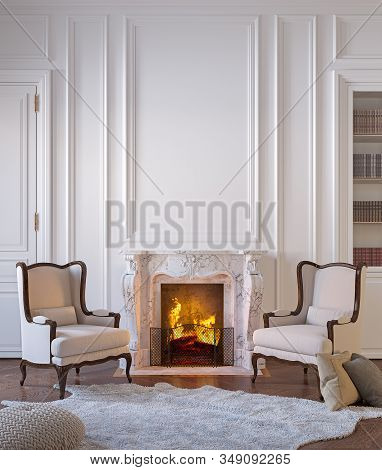 Classic Black Interior With Fireplace, Armchairs, Moldings, Wall Pannel, Carpet, Fur.