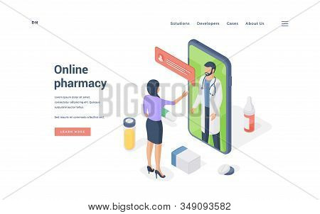 Woman Ordering Medicine Online On Smartphone. Isometric Vector Illustration