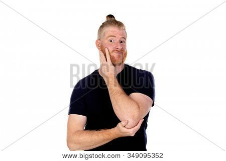 Red haired man with long beard thinking isolated on a white background