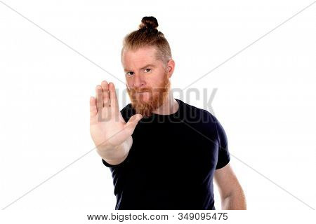 Red haired man with long beard saying Stop isolated on a white background
