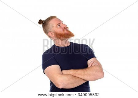 Red haired man with long beard thinking isolated on a white background
