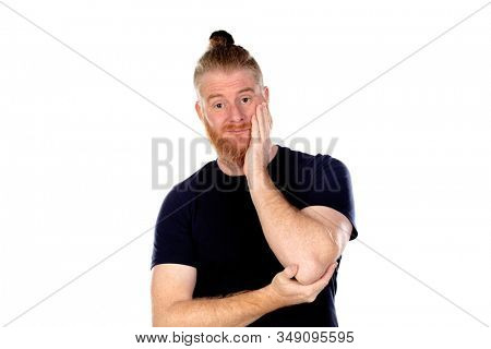 Red haired man with long beard thinking isolated on a white background