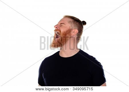 Red haired man with long beard shouting isolated on a white background