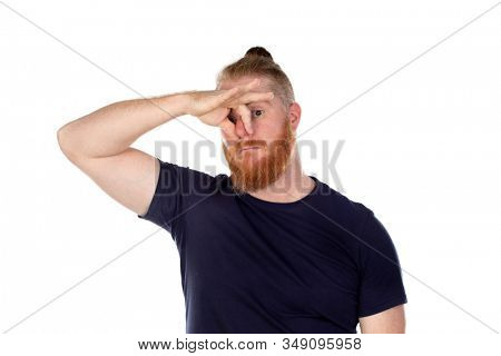 Red haired man with long beard covering his nose isolated on a white background