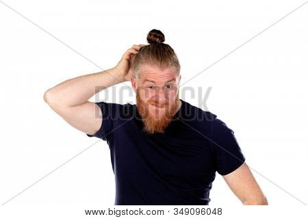 Red haired man with long beard thinking isolated on a white background