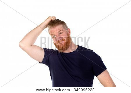 Red haired man with long beard thinking isolated on a white background