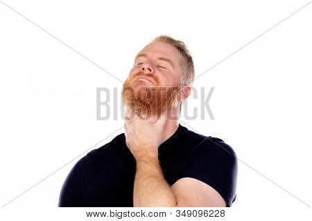 Red haired man with long beard thinking isolated on a white background