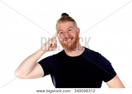 Red haired man with long beard thinking isolated on a white background