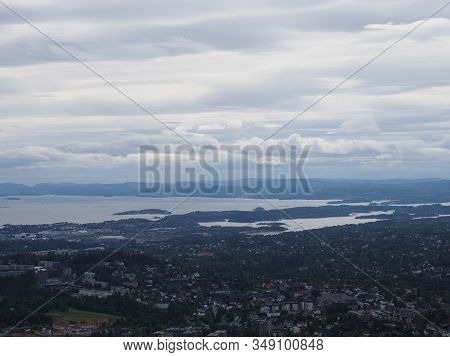 Norwegian Landscapes Of Fjord Near European Town Of Oslo In Holmenkollen District In Norway With Ove