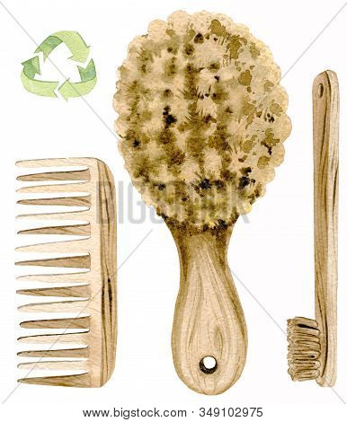 A Set Of Brushes Made Of Wood And Bristles. Recycling, Environmentally Friendly. Zero Waste. Hygiene