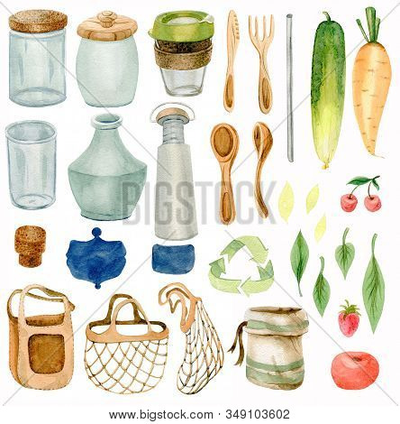 Set Of Elements Eco-friendly Kitchen. Dishes And Vegetables, Berries, Cutlery And Bags For Shopping 