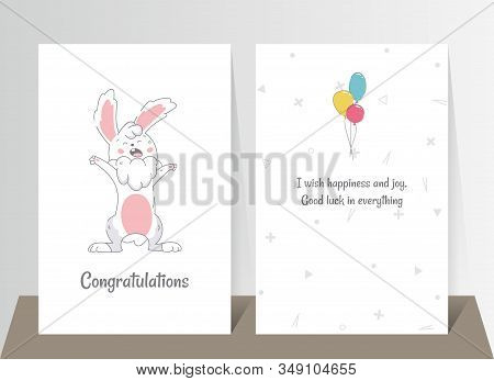 Two Banners With Funny Cute Bunny. Hand Drawn Standind Yawning Rabbit And Color Balloons. Vector Ill