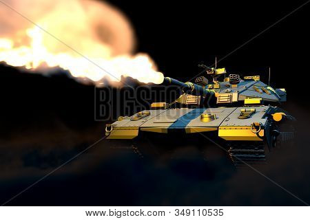 Military 3d Illustration Of Isolated Grey Heavy Tank With Not Existing Design In Combat, Very High R