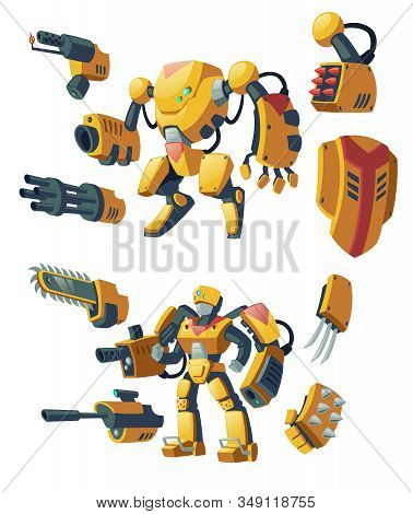 Cartoon Androids, Human Soldiers In Robotic Combat Exoskeletons With Guns Isolated On Background. Ba