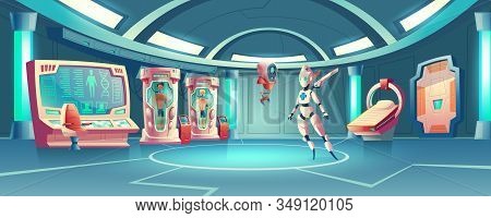 Cartoon Background Anabiosis Room With Hibernation Cameras, Medic Robot To Control Sleep Of Astronau