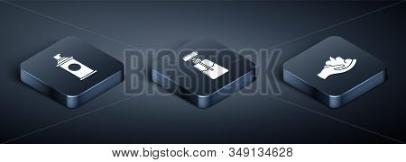 Set Isometric Shaving Gel Foam, Shaving Gel Foam On Hand And Cream Or Lotion Cosmetic Tube Icon. Vec