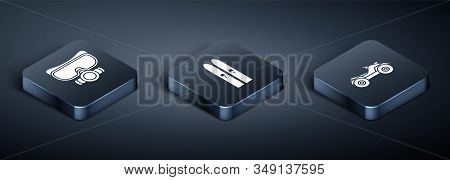Set Isometric Diving Mask, All Terrain Vehicle Or Atv Motorcycle And Ski And Sticks Icon. Vector