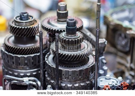 Close-up Helical Gears In Car Automatic Transmission