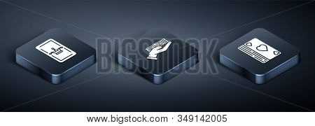 Set Isometric Joker Playing Card, Deck Of Playing Cards And Hand Holding Deck Of Playing Cards Icon.