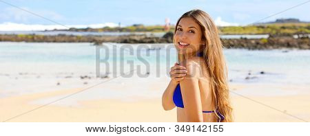 Smiling Girl On The Beach Panoramic Banner View. Young Slim Bikini Woman Enjoying Holidays Vacation 