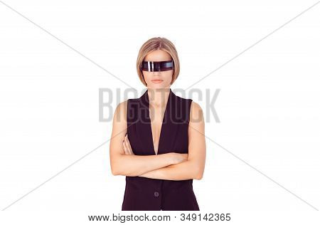 Cheerful Young Serious Cyborg Woman Standing With Arms Crossed Isolated On White.