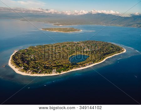 Aerial View With Gili Islands And Ocean. Gili Meno, Gili Air And Lombok