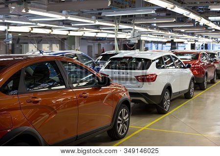Russia, Izhevsk - December 14, 2019: Lada Automobile Plant Izhevsk. New Modern Cars Lada Ready For S