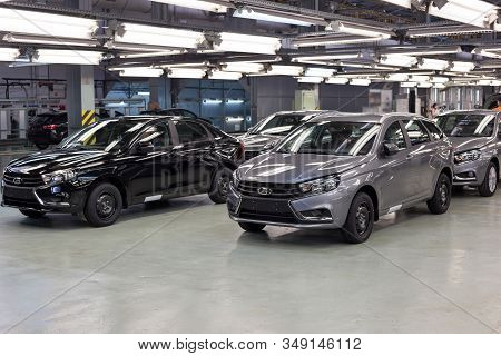 Russia, Izhevsk - December 14, 2019: Lada Automobile Plant Izhevsk. New Cars Lada Granta And Vesta R