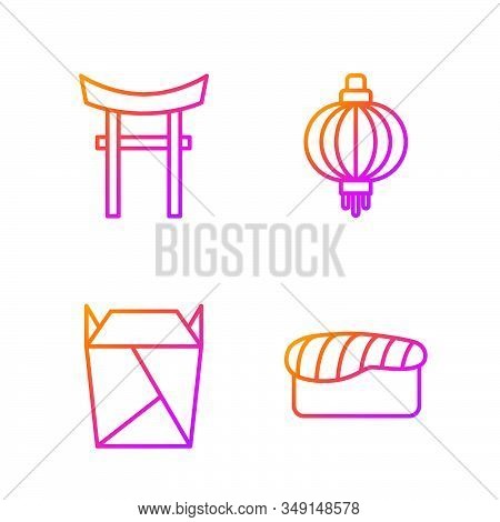 Set Line Sushi, Rstaurant Opened Take Out Box Filled, Japan Gate And Japanese Paper Lantern. Gradien