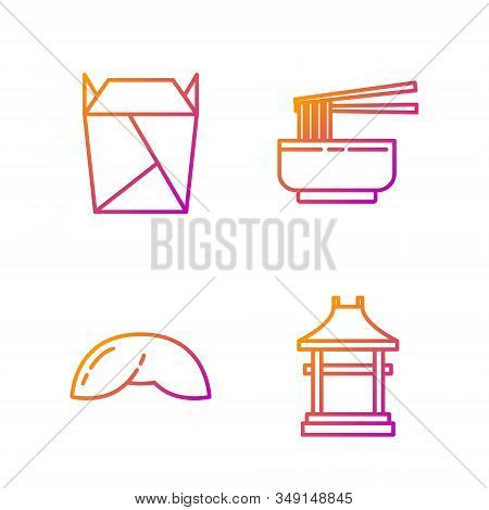 Set Line Japan Gate, Chinese Fortune Cookie, Rstaurant Opened Take Out Box Filled And Asian Noodles 