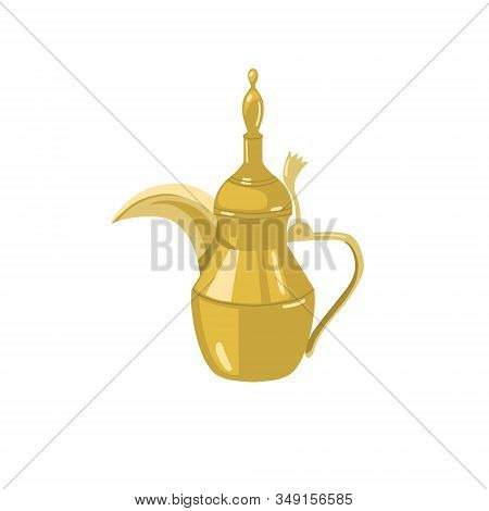 Dallah - Traditional Golden Arabic Teapot, Metal Pot With A Long Spout, Icon In Flat Cartoon Style I