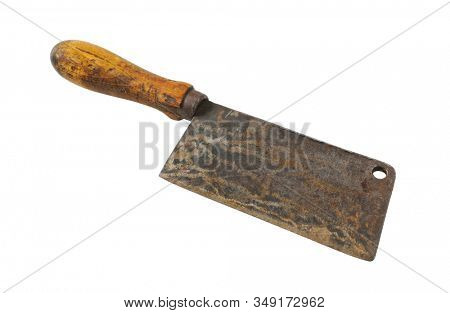 Old rusty chopping knife with wooden handle isolated on white
