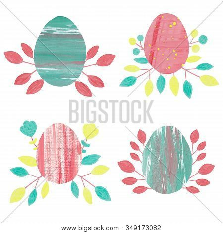 Easter Eggs And Branches. Bright Hand-drawn Clip-art. In Mixed Media Collage On Paper. Yellow, Green