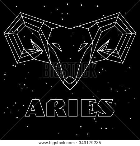 Abstract Polygonal Zodiac Sign Aries On Black Starry Sky Background