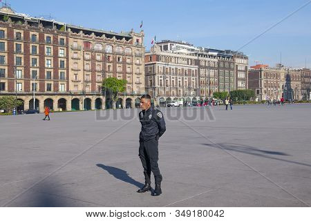 Mexico City - Jan. 14, 2020: Police On Duty On Zocalo Constitution Square, Mexico City Cdmx, Mexico.