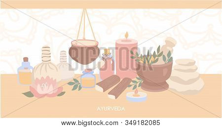 Vector Illustration Ayurveda. Horizontal Web Banner Design With Objects For Ayurvedic Massage. Shiro